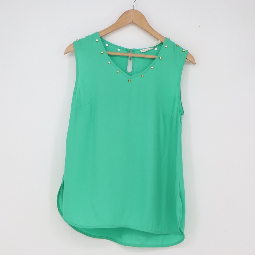 Blu Pepper Top Womens S Green Gold Studded V-Neck Sleeveless Excellent